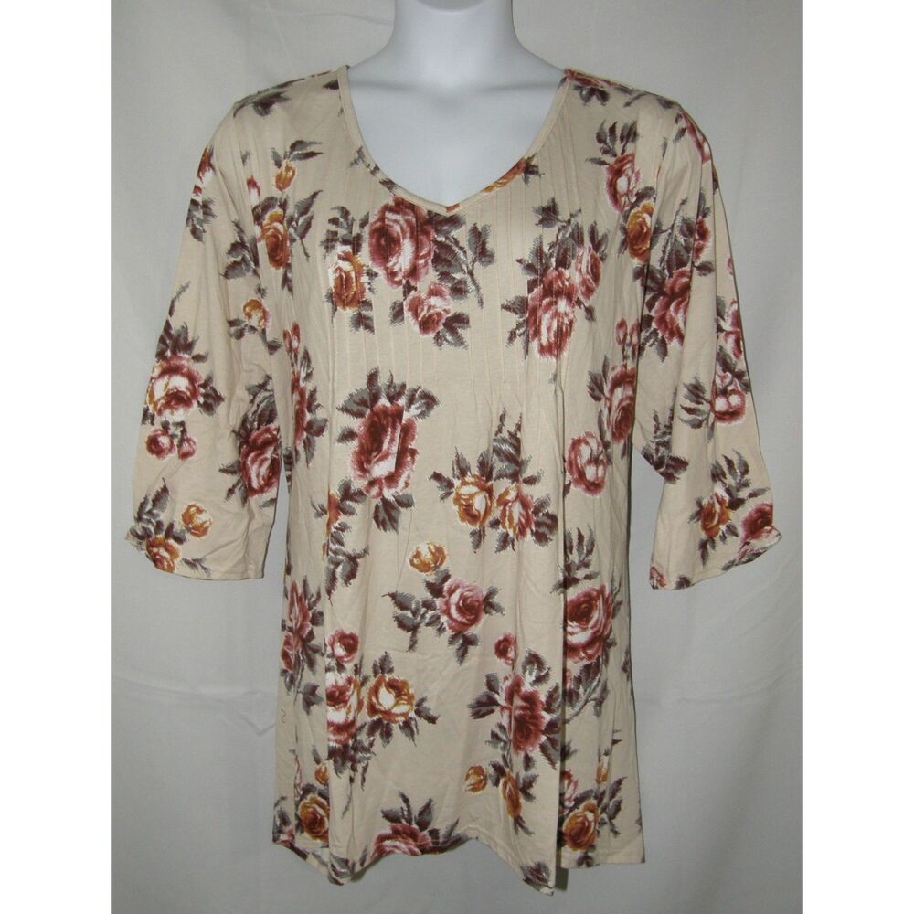 NEW Brown Floral Plus Sz 30/32 Casual Wear Pintuck Tunic Tee Shirt WOMAN WITHIN